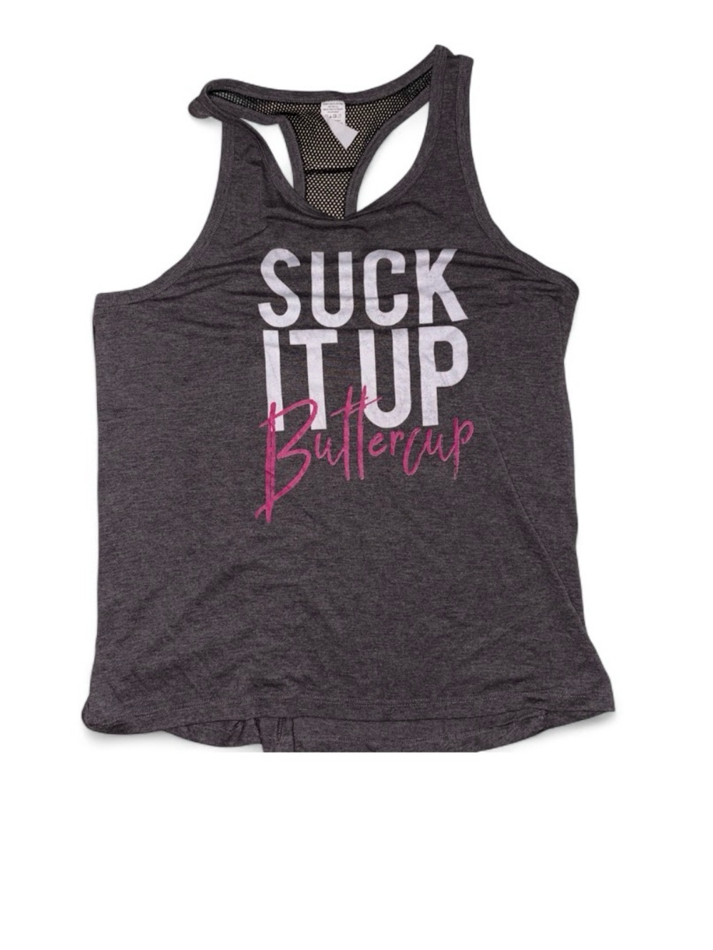 Source Unknown Charcoal Racerback Tank with Pink Script
